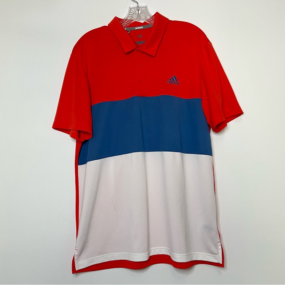 Adidas Mens Polo Red/White Blue Large Golf Polyester Short Sleeve Activewear